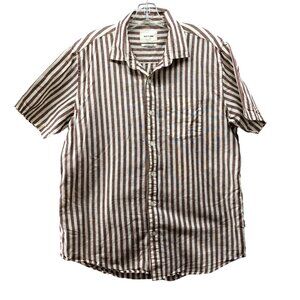 Red Flame Linen Cotton Shirt Mens 2XL Tan White Striped Short Sleeve Button Up